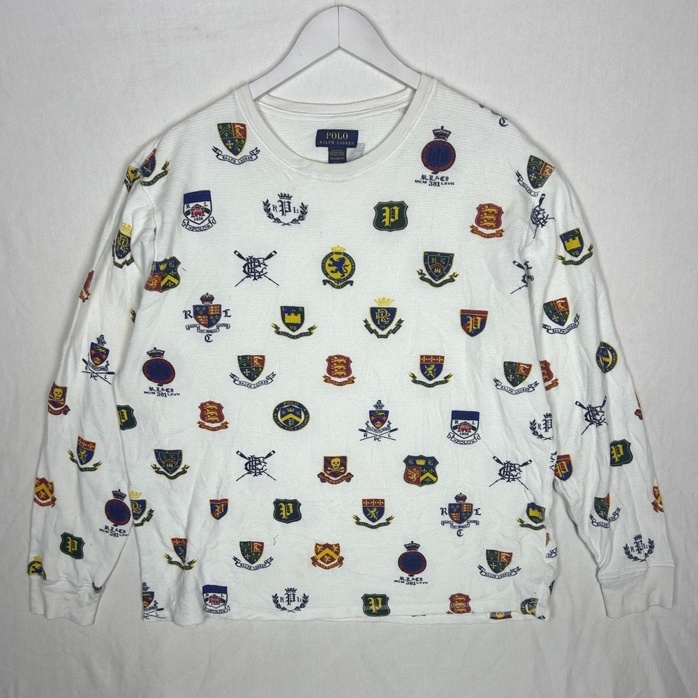 Polo Ralph Lauren Mens 2XL White Waffle Thermal All Over Crest Print Sleep Top